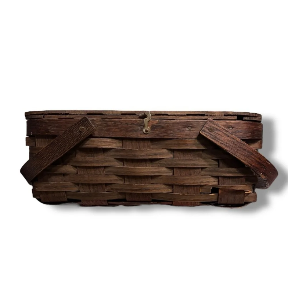 PETERBORO BASKET CO. Woven Wood Flip Top Picnic Basket VINTAGE